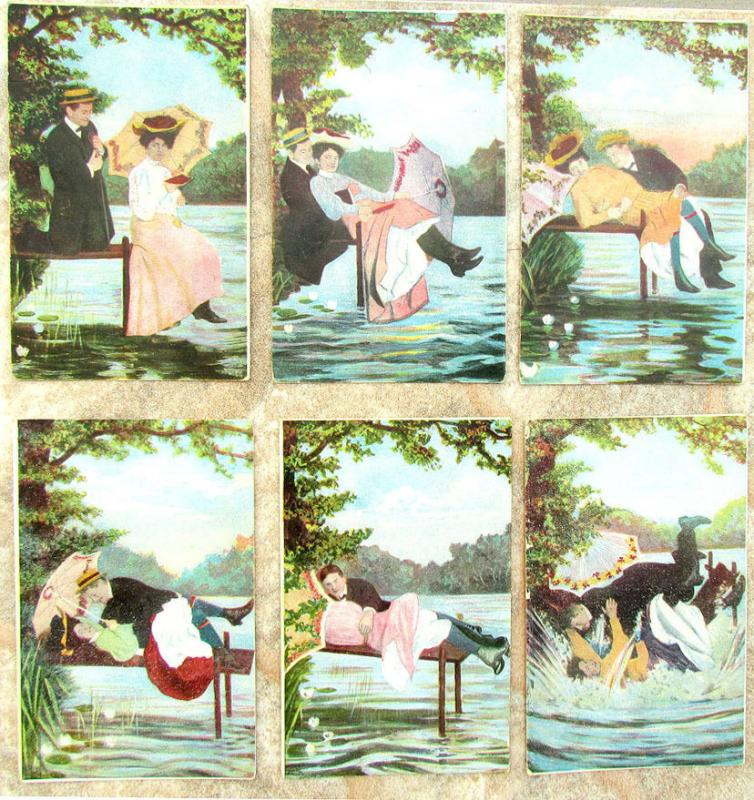  ROMANTIC COUPLE EROTIC COMIC RISQUEL OT OF 6 ANTIQUE POSTCARDS