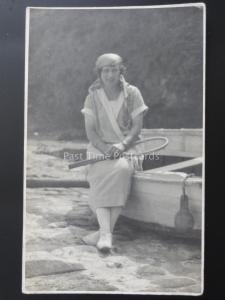 LAWN TENNIS Young Lady in 1920's Tennis Dress - Old RP Postcard