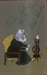 Handmade? Painted Fantasy Mouse in Clothes at Spinning Wheel c1910 Postcard