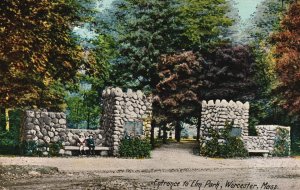 Vintage Postcard Entrance to Elm Park Brick Stone Worcester Massachusetts MA