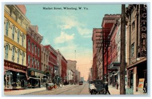 c1910's Market Street Establishments Classic Cars Railroad Wheeling WV Postcard
