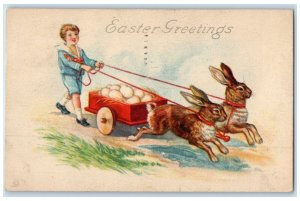 1922 Easter Greetings Rabbit Pulling Wagon Eggs Detroit Michigan MI Postcard