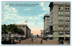 c1910's Broadway From West Grant Hotel Plaza Park San Diego California Postcard