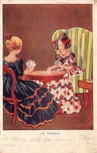 Saturday two girls playing cards Bonnets PU 1909 