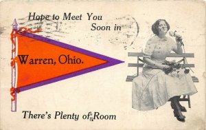 Warren Ohio 1913 Postcard Pennant Girl On Park Bench With Flowers Plenty Of Room