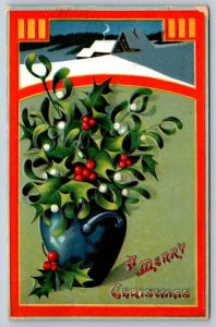 A Merry Christmas, Holly, Rural Scene, Antique 1910 Embossed Greetings Postcard