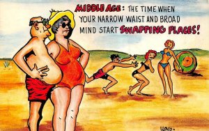 Comic BEACH SCENE Older Couple~Bathing Beauties NARROW WAIST~BROAD MIND Postcard