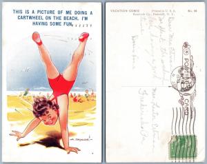 ARTIST SIGNED A.TAYLOR 1940 VINTAGE POSTCARD DOING A CARTWHEEL ON THE BEACH