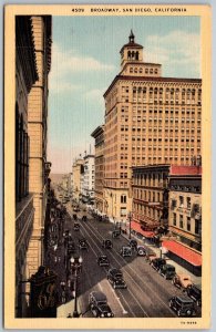San Diego California 1940s Postcard Broadway Cars Bank Cafe Stores