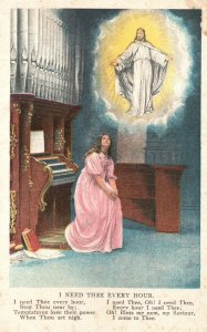 Vintage Postcard Girl Pink Dress In Piano Room Worship Jesus Christ Has Risen 