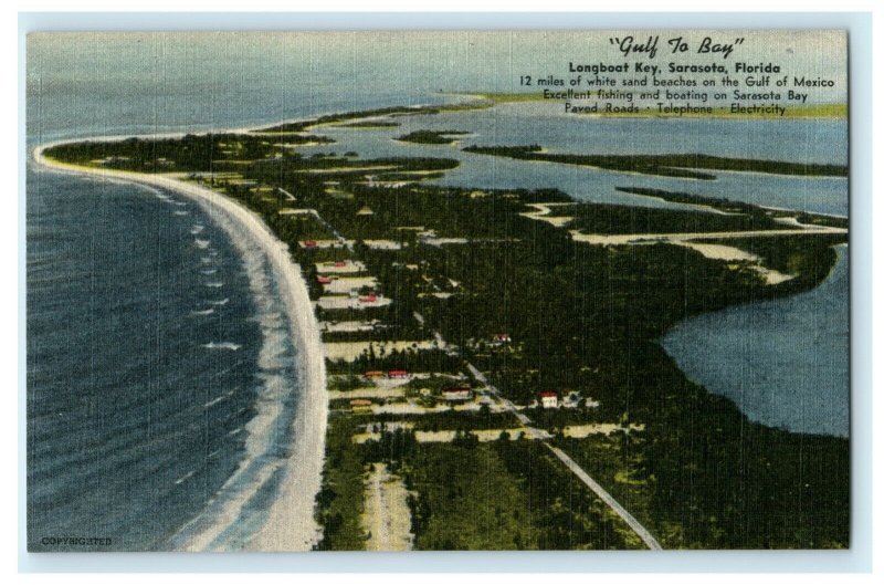 c1940's Longboat Key Sarasota Florida FL Gulf to Bay Advertising Postcard