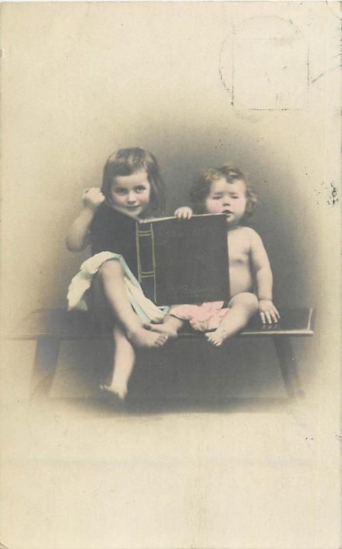 Cute children babies couple book vintage photo postcard