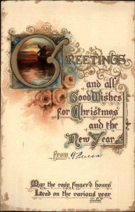 Christmas Windmill Font Typography Gilt Embossed Tuck c1900s-20s Postcard