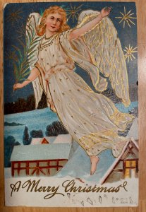 Vintage Victorian Postcard 1910 A Merry Christmas - Angel on Blue Background