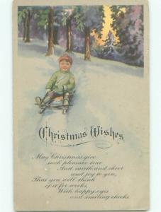 Pre-Linen christmas BOY RIDES TOBOGGAN SLED DOWNHILL J1469