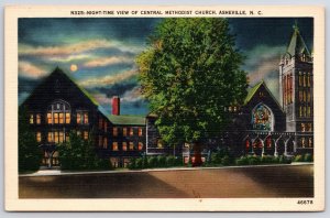 Postcard Night-Time View of Central Methodist Church Asheville North Carolina NC