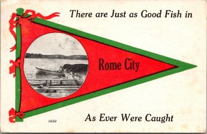 Exaggeration, Fish Bites Boat, Godd Fish in Rome City IN Vintage Postcard Q49