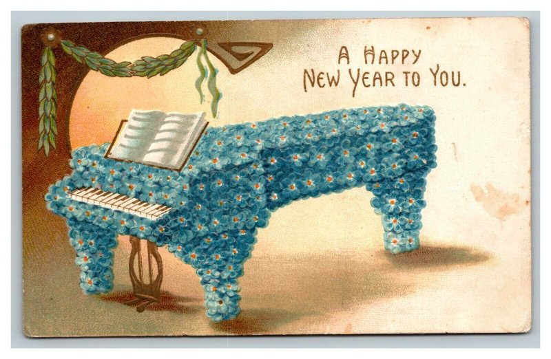 Vintage 1910's International Art New Year Postcard Blue Flower Covered Piano
