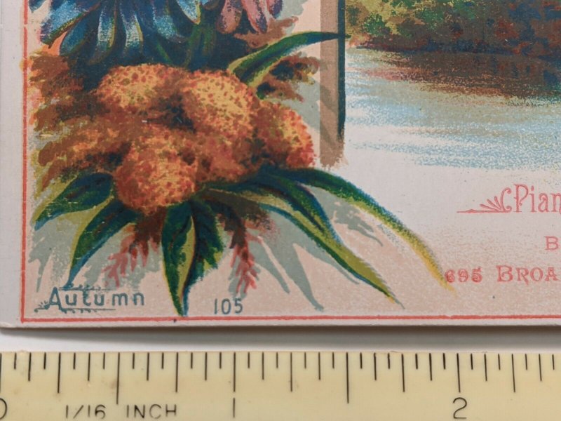 Antique 1882 Frank Vernon Autumn TRADE CARD Flower Lake Pianos Organs