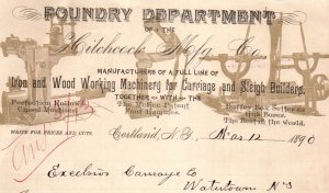 Hitchcock Iron Wood Working Machinery Foundry Cortland NY Letterhead