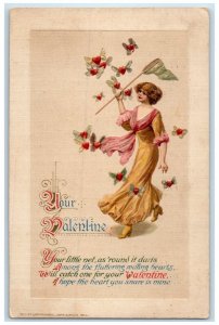 1915 Valentine Pretty Woman Caching Heart Johns Winsch Signed Embossed Postcard