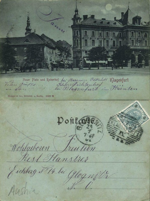 austria, KLAGENFURT CELOVEC, Neuer Platz, Reinerhof (1901) Moonlight Postcard