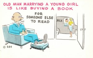 Old Man Marrying Young Girl Like Buying Books Comics Vintage Postcard