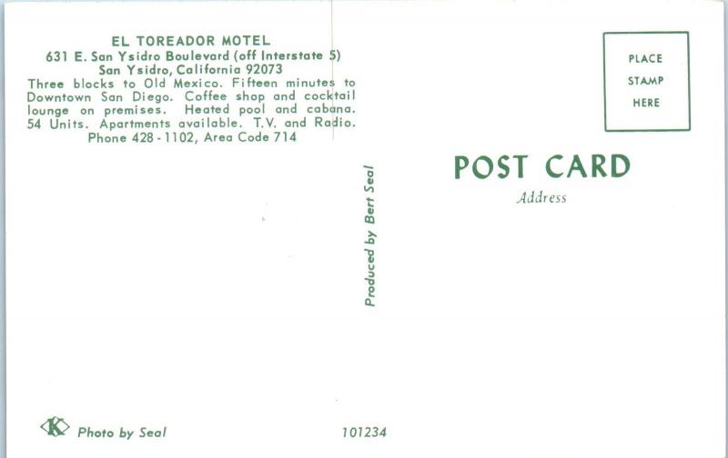 SAN YSIDRO, CA California  EL TOREADOR MOTEL c1960s  Roadside  Postcard