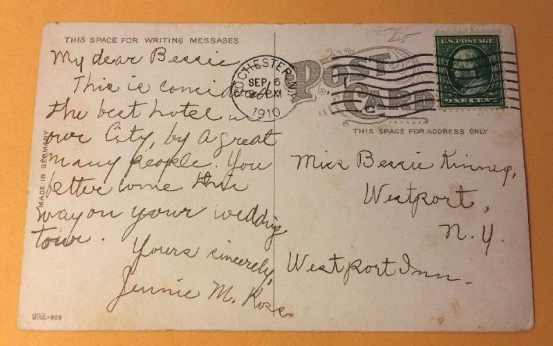 Seneca Hotel ROCHESTER NY early postcard - 1910 postmark