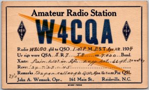 1934 QSL Radio Card Code W4CQA Reidsville NC Amateur Station Posted Postcard