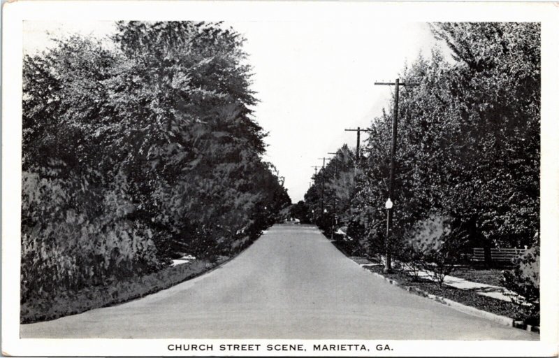 Photo-Tone Postcard GA Marietta Church Street Scene Street Lamps 1940s S75