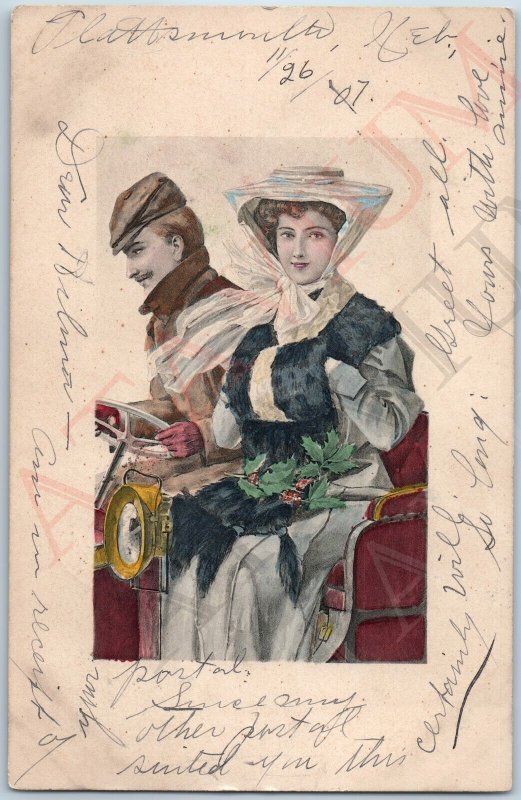 c1900s UDB Man Driving Early Touring Car Woman Hand Warmer Art Hand Colored A190