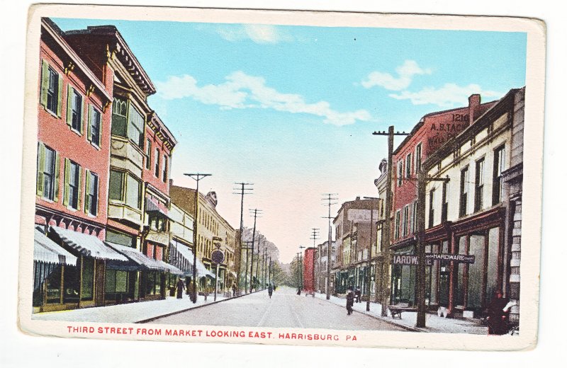 P1445 old unused postcard 3rd street view people etc harrisburg penn.