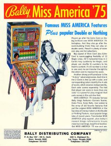 Miss America Pinball FLYER Original 1975 Bingo Game Art Pretty Lady Seated Bally