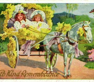 Vtg Postcard Children Horse Drawn Yellow Flower Cart Carriage Kind Rememberance