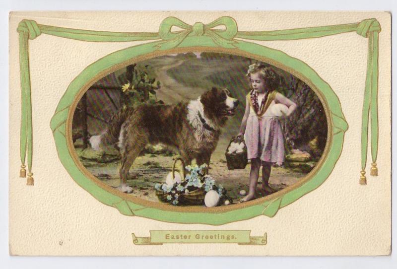 Easter Girl Large Dog Easter Eggs Vintage Postcard