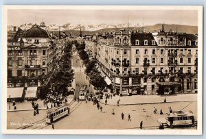 Switzerland Postcard Zurich Train Station Street c1930's Vintage RPPC Photo