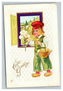 Vintage 1915 Easter Postcard Dutch Boy with Red Hat Basket of Cute Chicks