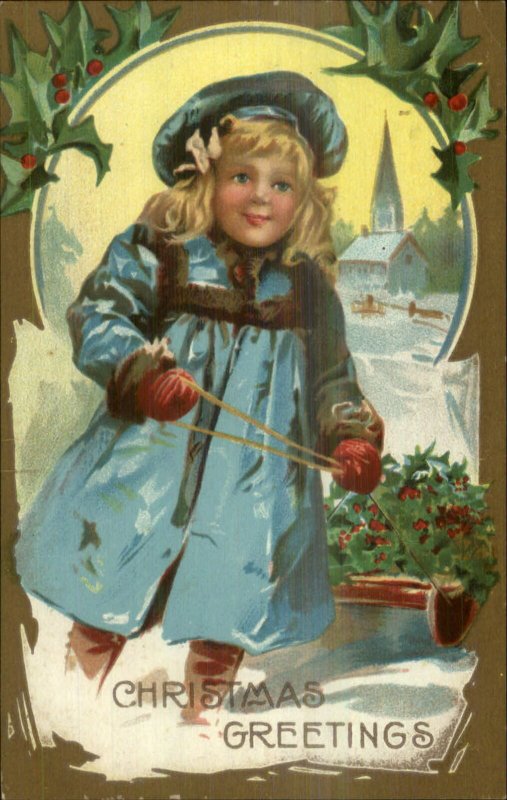 Christmas - Little Girl Pulls Sled w/ Holly c1910 Postcard