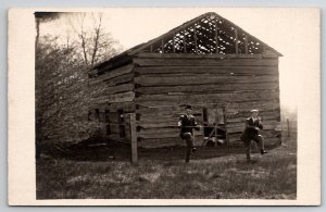 RPPC Two Dapper Men Wire Fence Derelict Log Barn Real Photo Postcard T22