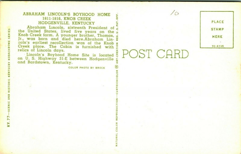 Abraham Lincoln Boyhood Home Hodgenville Kentucky KY UNP Vtg Chrome Postcard