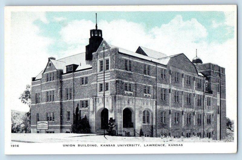 Lawrence Kansas Postcard Union Building Kansas University Exterior c1940 Vintage