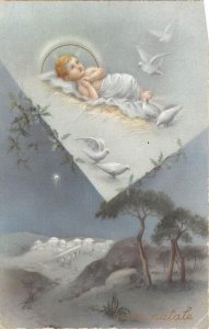 US36 postcard greetings card Italy buon natale dove and angel over city 1950