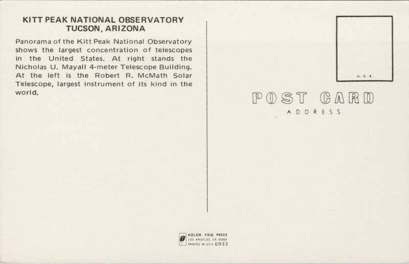 Tucson AZ Kitt Peak National Observatory Unused Postcard E89