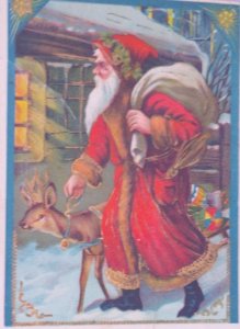 Santa Claus Old World Dear Gilt Gel Antique Vintage Christmas Postcard Germany