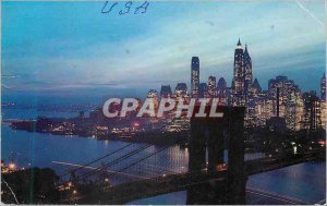 Modern Postcard Nightfall in Lower Manhattan with Brooklyn Bridge in New York...