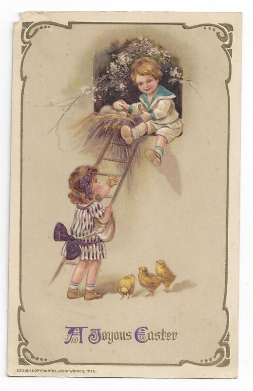 Winsch Easter Postcard Children Boy Girl Eggs Chicks Vintage