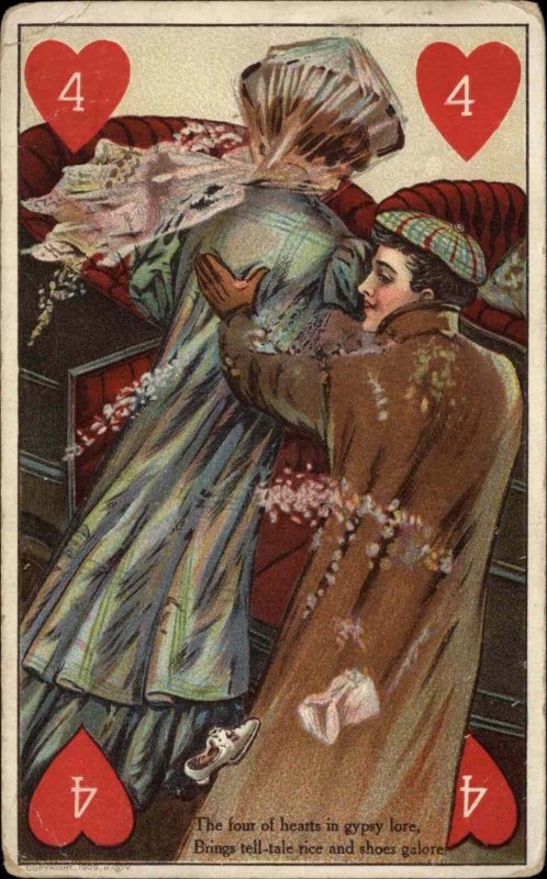 Romance Playing Cards Four of Hearts Couple in Car c1910 Vintage Postcard