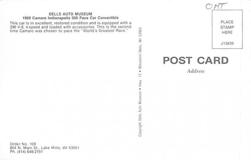 Dells Auto Museum 1969 Camaro Auto Racing Unused 