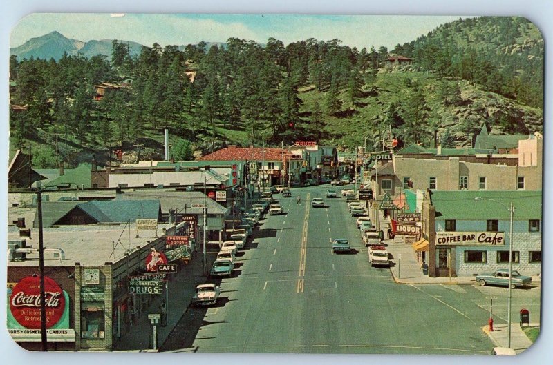 Estes Park Colorado Postcard Elkhorn Avenue & Business District c1960 Coca-Cola